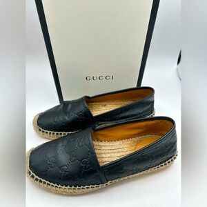 GUCCI  Signature GG Leather Espadrilles Flats Women’s US 7 1/2 Black, GUCCISSIMA